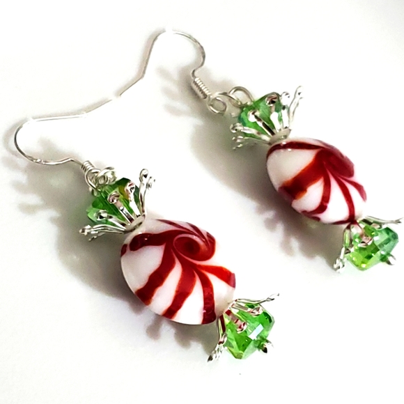 Glass lampwork candy peppermint earrings swavorski crystal 925 sterling silver - Picture 1 of 13